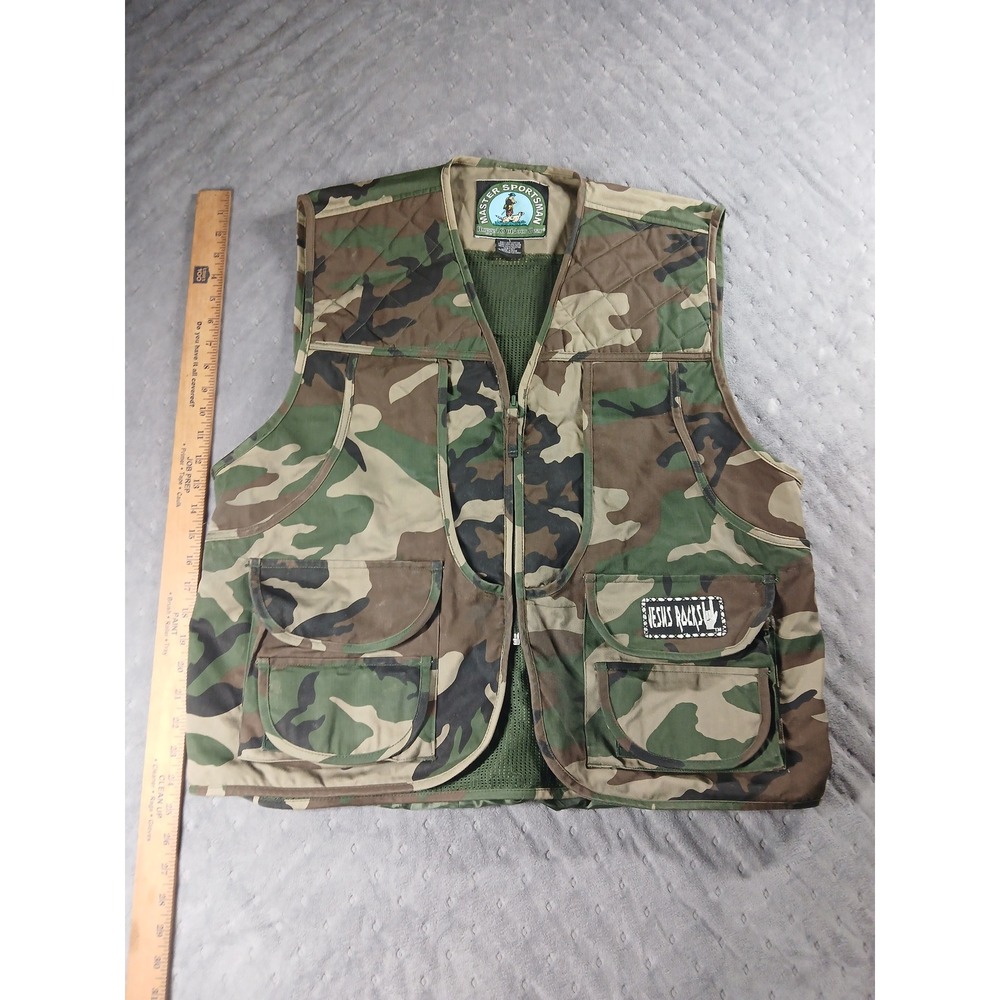 Master Sportsman Camo Hunting Vest Mens L Woodland Mesh Back Game Bag Utility